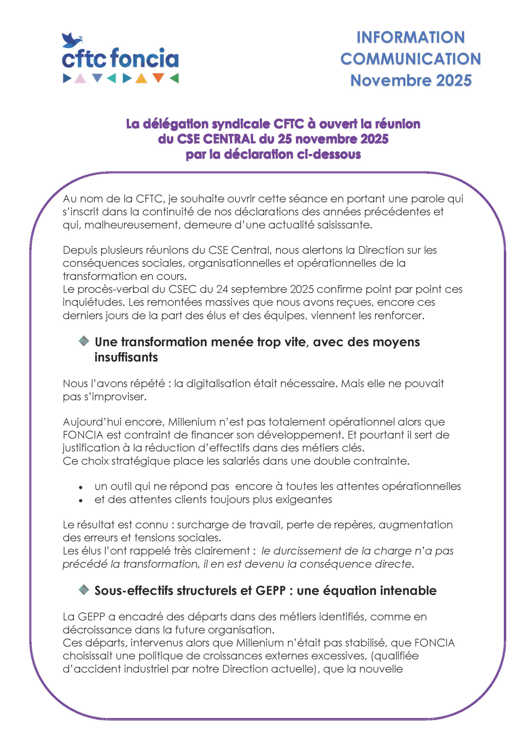 Déclaration CFTC au CSE Central