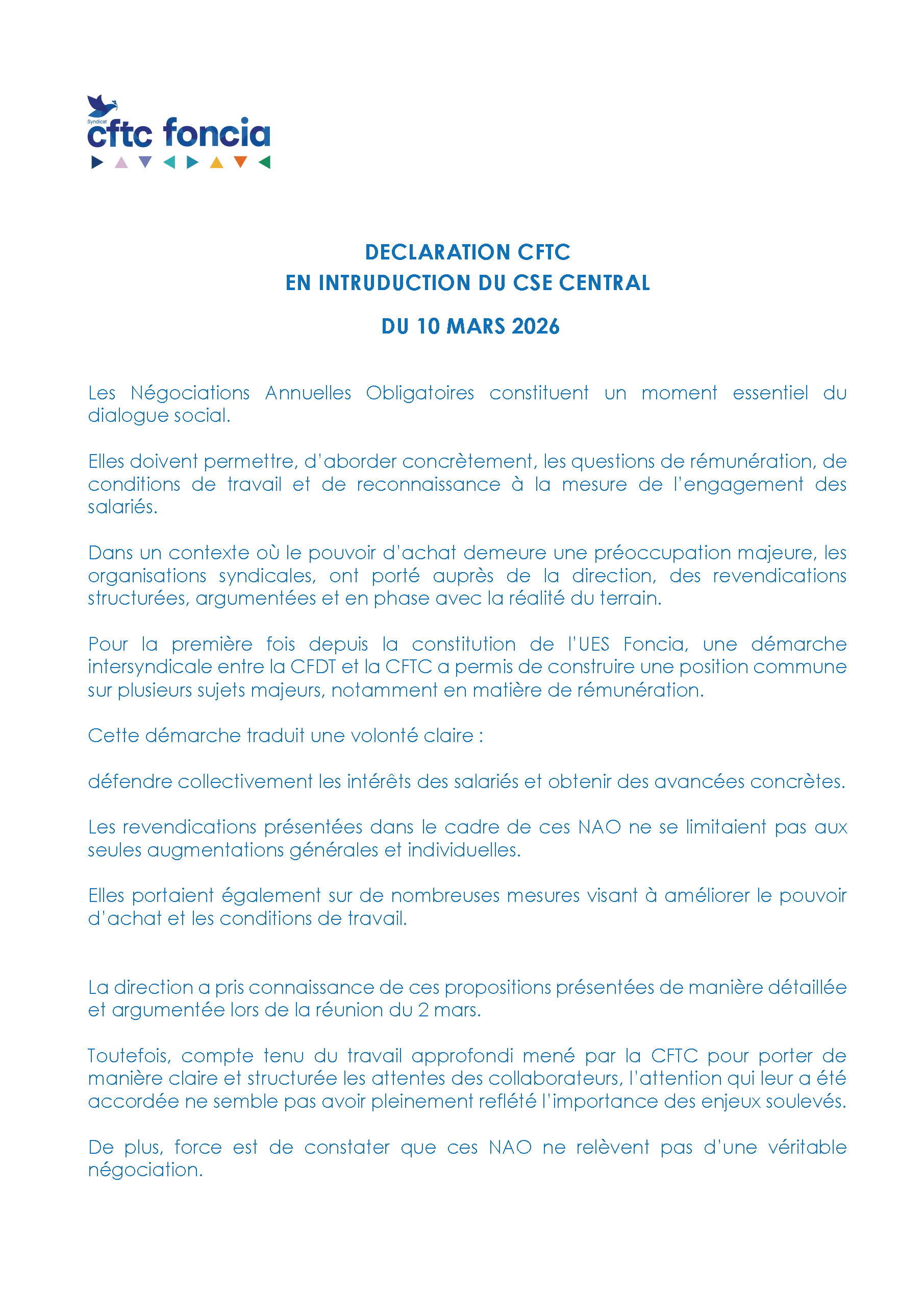 Déclaration CFTC en introduction du CSE Central